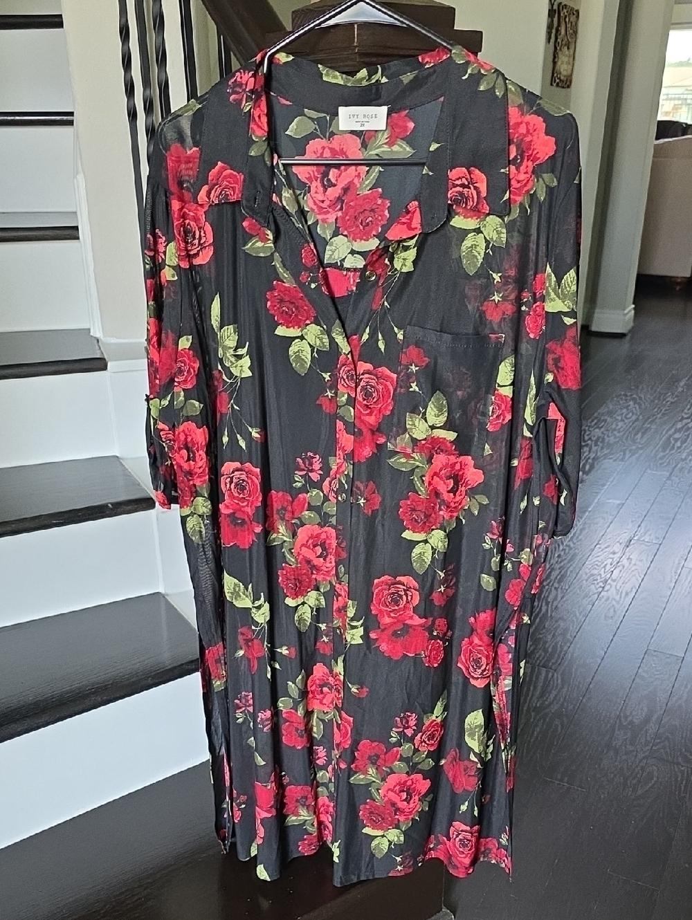 Ivy Rose Black Midi Dress with Red Floral Print